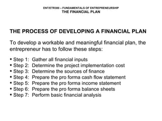 THE PROCESS OF DEVELOPING A FINANCIAL PLAN To develop a workable and meaningful financial plan, the entrepreneur has to follow these steps: Step 1:  Gather all financial inputs Step 2:  Determine the project implementation cost  Step 3:  Determine the sources of finance Step 4:  Prepare the pro forma cash flow statement Step 5:  Prepare the pro forma income statement Step 6:  Prepare the pro forma balance sheets Step 7:  Perform basic financial analysis 