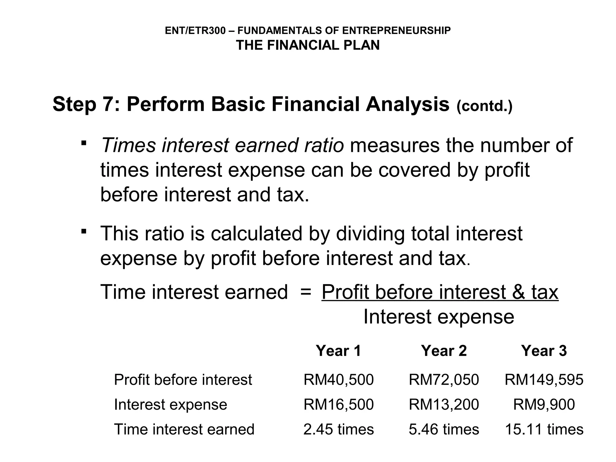 ENT/ETR300 – FUNDAMENTALS OF ENTREPRENEURSHIP
                          THE FINANCIAL PLAN



Step 7: Perform Basic Financial Analysis                       (contd.)

     Times interest earned ratio measures the number of
      times interest expense can be covered by profit
      before interest and tax.
     This ratio is calculated by dividing total interest
      expense by profit before interest and tax.
      Time interest earned = Profit before interest & tax
                                  Interest expense
                                      Year 1           Year 2             Year 3
       Profit before interest       RM40,500         RM72,050        RM149,595
       Interest expense             RM16,500         RM13,200             RM9,900
       Time interest earned         2.45 times       5.46 times      15.11 times
 