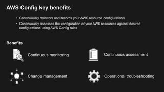 AWS Config advanced features
Configurable and customizable rules
Configuration history of AWS resources
• Identify Amazon ...