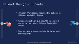© 2018, Amazon Web Services, Inc. or its affiliates. All rights reserved.
Network Design – Subnets
 Amazon WorkSpaces req...