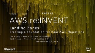 © 2017, Amazon Web Services, Inc. or its Affiliates. All rights reserved.
AWS re:INVENT
Landing Zones
Creati ng a F ound ation for Your AWS Mi grati ons
E n t e r p r i s e T r a c k E N T 3 1 5
N o v e m b e r 2 7 , 2 0 1 7
J o e H e a l y – A W S P r i n c i p a l C o n s u l t a n t
C a r l M a s s a – M i n i s t r y o f J u s t i c e U K
 