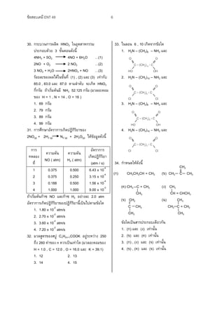 ข้อสอบเคมี ENT 48 6
30. กระบวนการผลิต HNO3 ในอุตสาหกรรม
ประกอบด้วย 3 ขั้นตอนดังนี้
4NH3 + 5O2 4NO + 6H2O …(1)
2NO + O2 2 NO2 …(2)
3 NO2 + H2O 2HNO3 + NO …(3)
ร้อยละของผลได้ในขั้นที่ (1) , (2) และ (3) เท่ากับ
85.0 , 83.0 และ 87.0 ตามลาดับ จะเกิด HNO3
กี่กรัม ถ้าเริ่มต้นมี NH3 52.125 กรัม (มวลอะตอม
ของ H = 1 , N = 14 , O = 16 )
1. 69 กรัม
2. 79 กรัม
3. 89 กรัม
4. 99 กรัม
31. การศึกษาอัตราการเกิดปฏิกิริยาของ
2NO(g) + 2H2 (g) N2 (g) + 2H2O(g) ได้ข้อมูลดังนี้
การ
ทดลอง
ที่
ความดัน
NO ( atm)
ความดัน
H2 ( atm)
อัตราการ
เกิดปฏิกิริยา
(atm / s)
1
2
3
4
0.375
0.375
0.188
1.000
0.500
0.250
0.500
1.000
6.43 x 10-4
3.15 x 10-4
1.56 x 10-4
9.00 x 10-3
ถ้าเริ่มต้นก๊าซ NO และก๊าซ H2 อย่างละ 2.0 atm
อัตราการเกิดปฏิกิริยาของปฏิกิริยานี้เป็นไปตามข้อใด
1. 1.80 x 10-2
atm/s
2. 2.70 x 10-2
atm/s
3. 3.60 x 10-2
atm/s
4. 7.20 x 10-2
atm/s
32. มวลสูตรของสบู่ CnH2n+1COOK อยู่ระหว่าง 250
ถึง 260 ค่าของ n ควรเป็นเท่าใด (มวลอะตอมของ
H = 1.0 , C = 12.0 , O = 16.0 และ K = 39.1)
1. 12 2. 13
3. 14 4. 15
33. ไนลอน 6 , 10 เกิดจากข้อใด
1. H2N – (CH2)6 – NH2 และ
2. H2N – (CH2)10 – NH2 และ
3. H2N – (CH2)6 – NH2 และ
4. H2N – (CH2)10 – NH2 และ
34. กาหนดให้ดังนี้
ข้อใดเป็นสารประกอบเดียวกัน
1. (ก) และ (ง) เท่านั้น
2. (ข) และ (ค) เท่านั้น
3. (ก) , (ง) และ (จ) เท่านั้น
4. (ข) , (ค) และ (จ) เท่านั้น
O O
C – (CH2)10 - C
HO OH
O O
C – (CH2)6 - C
Cl Cl
O O
C – (CH2)8 - C
HO OH
O O
C – (CH2)4 - C
Cl Cl
CH2
(ก) CH3CH2CH = CH2 (ข) CH3 C CH3
(ค) CH3 C = CH2 (ง) CH3
CH3 CH = CHCH3
(จ) CH2 (ฉ) CH3
C CH3 CH3 C = CH2
CH3 CH3
ll
ll
 
