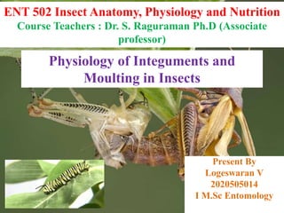 ENT 502 Insect Anatomy, Physiology and Nutrition
Course Teachers : Dr. S. Raguraman Ph.D (Associate
professor)
Present By
Logeswaran V
2020505014
I M.Sc Entomology
Physiology of Integuments and
Moulting in Insects
 