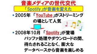 ? 2005 YouTubeȥ`ߥ
ΈȤ˚
? 200810 Spotifyǈ
ХåեI`ɤg
뤳Ȥʤ
ǩ`٩`SS
SpotifyS䤨
Sǥ
 