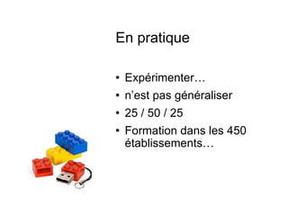 En pratique Expérimenter… n’est pas généraliser 25 / 50 / 25 Formation dans les 450 établissements…  