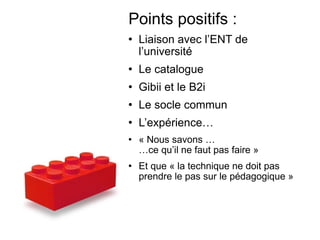Points positifs : Liaison avec l’ENT de l’université Le catalogue Gibii et le B2i Le socle commun L’expérience… « Nous savons … …ce qu’il ne faut pas faire » Et que « la technique ne doit pas prendre le pas sur le pédagogique » 