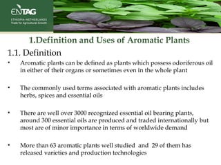 1.Definition and Uses of Aromatic Plants
1.1. Definition
• Aromatic plants can be defined as plants which possess odoriferous oil
in either of their organs or sometimes even in the whole plant
• The commonly used terms associated with aromatic plants includes
herbs, spices and essential oils
• There are well over 3000 recognized essential oil bearing plants,
around 300 essential oils are produced and traded internationally but
most are of minor importance in terms of worldwide demand
• More than 63 aromatic plants well studied and 29 of them has
released varieties and production technologies
 