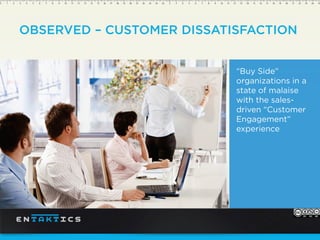 OBSERVED – CUSTOMER DISSATISFACTION
“Buy Side”
organizations in a
state of malaise
with the sales-
driven “Customer
Engagement”
experience
 