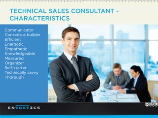 TECHNICAL SALES CONSULTANT -
CHARACTERISTICS
Communicator
Consensus builder
Efficient
Energetic
Empathetic
Knowledgeable
Measured
Organizer
Self-starter
Technically savvy
Thorough
 