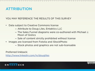 ATTRIBUTION
YOU MAY REFERENCE THE RESULTS OF THIS SURVEY
Data subject to Creative Commons license
– Attribute to Doug Liles, Entaktics LLC
– The Sales Funnel diagrams were co-authored with Michael J.
Moon of Gistics
– Sale of content strictly prohibited without license
Images are licensed from Fotolia and iStockPhoto
– Stock photos and graphics are not sub-licensable
Preferred linkback:
http://www.linkedin.com/in/dougliles
 