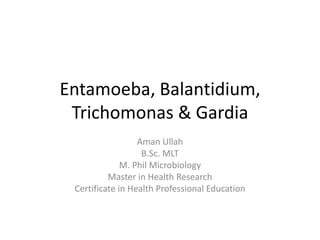 Entamoeba, Balantidium,
Trichomonas & Gardia
Aman Ullah
B.Sc. MLT
M. Phil Microbiology
Master in Health Research
Certificate in Health Professional Education
 