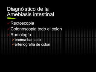 Diagnóstico de la Amebiasis intestinal Rectoscopia Colonoscopia todo el colon Radiología enema baritado arteriografía de colon 