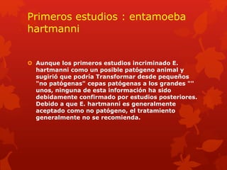 Primeros estudios : entamoeba 
hartmanni 
 Aunque los primeros estudios incriminado E. 
hartmanni como un posible patógeno animal y 
sugirió que podría Transformar desde pequeños 
"no patógenas" cepas patógenas a los grandes "" 
unos, ninguna de esta información ha sido 
debidamente confirmado por estudios posteriores. 
Debido a que E. hartmanni es generalmente 
aceptado como no patógeno, el tratamiento 
generalmente no se recomienda. 
 