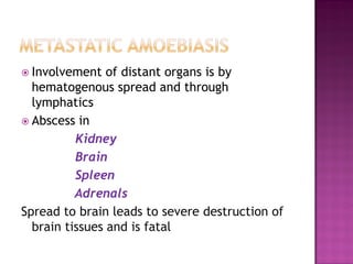  Involvement of distant organs is by
hematogenous spread and through
lymphatics
 Abscess in
Kidney
Brain
Spleen
Adrenals
Spread to brain leads to severe destruction of
brain tissues and is fatal
 