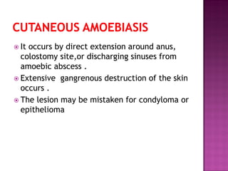 It occurs by direct extension around anus,
colostomy site,or discharging sinuses from
amoebic abscess .
 Extensive gangrenous destruction of the skin
occurs .
 The lesion may be mistaken for condyloma or
epithelioma
 