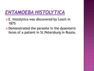  E. histolytica was discovered by Losch in
1875
 Demonstrated the parasite in the dysenteric
feces of a patient in St.Petersburg in Russia.
 