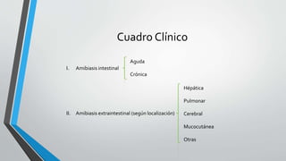 Cuadro Clínico
I. Amibiasis intestinal
II. Amibiasis extraintestinal (según localización)
Aguda
Crónica
Hépática
Pulmonar
Cerebral
Mucocutánea
Otras
 
