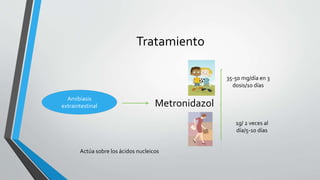 Tratamiento
Amibiasis
extraintestinal Metronidazol
35-50 mg/día en 3
dosis/10 días
1g/ 2 veces al
día/5-10 días
Actúa sobre los ácidos nucleicos
 