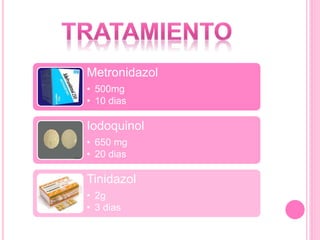 Metronidazol
• 500mg
• 10 dias
Iodoquinol
• 650 mg
• 20 dias
Tinidazol
• 2g
• 3 dias
 