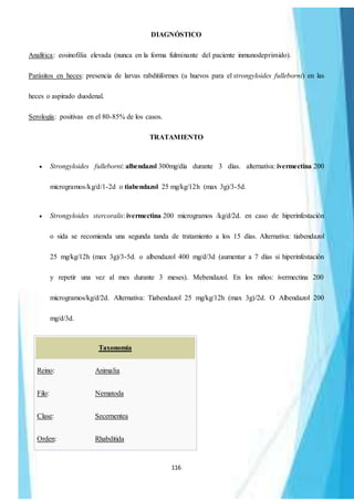 116
DIAGNÓSTICO
Analítica: eosinofilia elevada (nunca en la forma fulminante del paciente inmunodeprimido).
Parásitos en heces: presencia de larvas rabditiformes (u huevos para el strongyloides fulleborni) en las
heces o aspirado duodenal.
Serología: positivas en el 80-85% de los casos.
TRATAMIENTO
 Strongyloides fulleborni: albendazol 300mg/día durante 3 días. alternativa: ivermectina 200
microgramos/kg/d/1-2d o tiabendazol 25 mg/kg/12h (max 3g)/3-5d.
 Strongyloides stercoralis: ivermectina 200 microgramos /kg/d/2d. en caso de hiperinfestación
o sida se recomienda una segunda tanda de tratamiento a los 15 días. Alternativa: tiabendazol
25 mg/kg/12h (max 3g)/3-5d. o albendazol 400 mg/d/3d (aumentar a 7 días si hiperinfestación
y repetir una vez al mes durante 3 meses). Mebendazol. En los niños: ivermectina 200
microgramos/kg/d/2d. Alternativa: Tiabendazol 25 mg/kg/12h (max 3g)/2d. O Albendazol 200
mg/d/3d.
Taxonomía
Reino: Animalia
Filo: Nematoda
Clase: Secernentea
Orden: Rhabditida
 