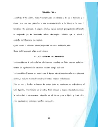 19
MORFOLOGIA
Morfología de los quistes. Barras Chromatoidales son similares a los de E. histolytica y E.
dispar, pero son más pequeños y más numerosos.Debido a la diferenciación entre E.
histolytica y E. hartmanni / E. dispar a nivel de especie depende principalmente del tamaño,
es obligatorio que los laboratorios utilizan microscopios calibradas que se volverá a
controlar periódicamente su exactitud.
Quiste de una E. hartmanni en una preparación en fresco, teñido con yodo.
Quiste de E. hartmanni teñido con tricrómico.
MECANISMOS DE TRANSMISION
La transmisión de la enfermedad es más frecuente en países con bajos recursos sanitarios y
también en la población con relaciones sexuales de tipo fecal-oral.
La transmisión al humano se produce con la ingesta alimentos contaminados con quistes de
amebas, o bien por el contacto directo con fómites o manos contaminadas.
Una vez que el hombre ha ingerido los quistes, éstos se transforman en trofozoítos en el
tubo digestivo, principalmente en el colon, donde invaden la mucosa intestinal provocando
la enfermedad y, eventualmente, migrando por el sistema porta al hígado y desde allí a
otras localizaciones sistémicas (cerebro, hueso, etc)..
 