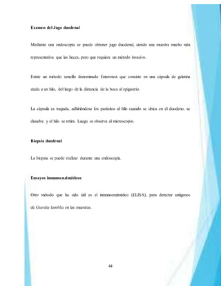 44
Examen del Jugo duodenal
Mediante una endoscopia se puede obtener jugo duodenal, siendo una muestra mucho más
representativa que las heces, pero que requiere un método invasivo.
Existe un método sencillo denominado Enterotest que consiste en una cápsula de gelatina
atada a un hilo, del largo de la distancia de la boca al epigastrio.
La cápsula es tragada, adhiriéndose los parásitos al hilo cuando se ubica en el duodeno, se
disuelve y el hilo se retira. Luego se observa al microscopio.
Biopsia duodenal
La biopsia se puede realizar durante una endoscopia.
Ensayos inmunoenzimáticos
Otro método que ha sido útil es el inmunoenzimático (ELISA), para detectar antígenos
de Giardia lamblia en las muestras.
 