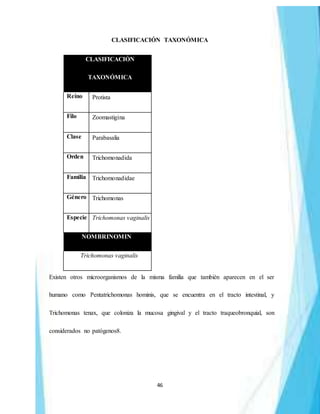 46
CLASIFICACIÓN TAXONÓMICA
CLASIFICACIÓN
TAXONÓMICA
Reino Protista
Filo Zoomastigina
Clase Parabasalia
Orden Trichomonadida
Familia Trichomonadidae
Género Trichomonas
Especie Trichomonas vaginalis
NOMBRINOMINAL
Trichomonas vaginalis
Existen otros microorganismos de la misma familia que también aparecen en el ser
humano como Pentatrichomonas hominis, que se encuentra en el tracto intestinal, y
Trichomonas tenax, que coloniza la mucosa gingival y el tracto traqueobronquial, son
considerados no patógenos8.
 