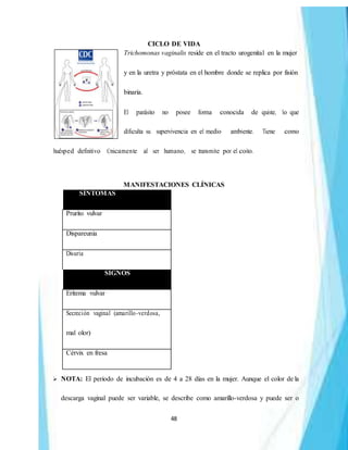 48
CICLO DE VIDA
Trichomonas vaginalis reside en el tracto urogenital en la mujer
y en la uretra y próstata en el hombre donde se replica por fisión
binaria.
El parásito no posee forma conocida de quiste, lo que
dificulta su supervivencia en el medio ambiente. Tiene como
huésped definitivo Únicamente al ser humano, se transmite por el coito.
MANIFESTACIONES CLÍNICAS
SÍNTOMAS
Prurito vulvar
Dispareunia
Disuria
SIGNOS
Eritema vulvar
Secreción vaginal (amarillo-verdosa,
mal olor)
Cérvix en fresa
 NOTA: El periodo de incubación es de 4 a 28 días en la mujer. Aunque el color de la
descarga vaginal puede ser variable, se describe como amarillo-verdosa y puede ser o
 