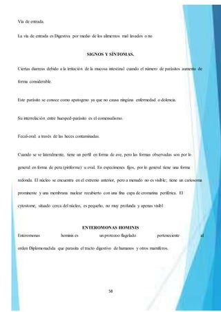 58
Vía de entrada.
La vía de entrada es Digestiva por medio de los alimentos mal lavados o no
SIGNOS Y SÍNTOMAS.
Ciertas diarreas debido a la irritación de la mucosa intestinal cuando el número de parásitos aumenta de
forma considerable.
Este parásito se conoce como apatogeno ya que no causa ningúna enfermedad o dolencia.
Su interrelación entre huesped-parásito es el comensalismo.
Fecal-oral: a través de las heces contaminadas.
Cuando se ve lateralmente, tiene un perfil en forma de ave, pero las formas observadas son por lo
general en forma de pera (piriforme) u oval. En especímenes fijos, por lo general tiene una forma
redonda. El núcleo se encuentra en el extremo anterior, pero a menudo no es visible; tiene un cariosoma
prominente y una membrana nuclear recubierto con una fina capa de cromatina periférica. El
cytostome, situado cerca del núcleo, es pequeño, no muy profunda y apenas visibl
ENTEROMONAS HOMINIS
Enteromonas hominis es un protozoo flagelado perteneciente al
orden Diplomonadida que parasita el tracto digestivo de humanos y otros mamíferos.
 