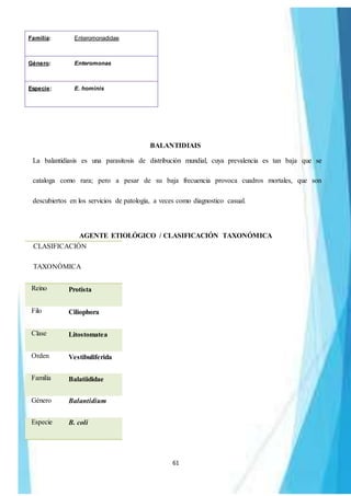 61
Familia: Enteromonadidae
Género: Enteromonas
Especie: E. hominis
BALANTIDIAIS
La balantidiasis es una parasitosis de distribución mundial, cuya prevalencia es tan baja que se
cataloga como rara; pero a pesar de su baja frecuencia provoca cuadros mortales, que son
descubiertos en los servicios de patología, a veces como diagnostico casual.
AGENTE ETIOLÓGICO / CLASIFICACIÓN TAXONÓMICA
CLASIFICACIÓN
TAXONÓMICA
Reino Protista
Filo Ciliophora
Clase Litostomatea
Orden Vestibuliferida
Familia Balatiididae
Género Balantidium
Especie B. coli
 