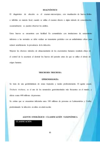 85
DIAGNÓSTICO
El diagnóstico de elección es el examen microscópico, con visualización de huevos fértiles
o infértiles en materia fecal; cuando se utiliza el examen directo o algún método de concentración,
ocasionalmente se pueden observar los adultos.
Estos huevos se encuentran con facilidad En comunidades con instalaciones de saneamiento
inferiores a las normales se debe realizar un tratamiento periódico con un antihelmíntico eficaz para
reducir notablemente la prevalencia de la infección.
Mejorar los diversos métodos de almacenamiento de los excrementos humanos resultaría eficaz en
el control de la ascariasis al destruir los huevos del parasito antes de que se utilice el abono de
origen humano.
TRICHURIS TRICHURA
EPIDEMIOLOGÍA
Se trata de una geohelmintiasis de zonas tropicales y rurales preferentemente. El agente causal,
Trichuris trichiura, es el uno de los nematodos gastrointestinales más frecuentes en el mundo, y
afecta a unas 600 millones depersonas.
Se estima que se encuentran infectadas unos 100 millones de personas en Latinoamérica y Caribe;
predominando la infección en niños en edad escolar.
AGENTE ETIOLÓGICO / CLASIFICACIÓN TAXONÓMICA
CLASIFICACIÓN
 
