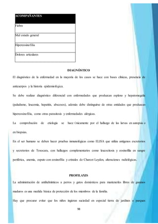 98
ACOMPAÑANTES
Fiebre
Mal estado general
Hipereosinofilia
Dolores articulares
DIAGNÓSTICO
El diagnóstico de la enfermedad en la mayoría de los casos se hace con bases clínicas, presencia de
anticuerpos y la historia epidemiológica.
Se debe realizar diagnóstico diferencial con enfermedades que produzcan espleno y hepatomegalia
(paludismo, leucemia, hepatitis, abscesos), además debe distinguirse de otras entidades que produzcan
hipereosinofilia, como otras parasitosis y enfermedades alérgicas.
La comprobación de etiología se hace Únicamente por el hallazgo de las larvas en autopsia o
en biopsias.
En el ser humano se deben hacer pruebas inmunológicas como ELISA que utiliza antígenos excretorios
y secretorios de Toxocara, con hallazgos complementarios como leucocitosis y eosinofilia en sangre
periférica, anemia, esputo con eosinofilia y cristales de Charcot Leyden, alteraciones radiológicas.
PROFILAXIS
La administración de antihelmínticos a perros y gatos domésticos para mantenerles libres de gusanos
maduros es una medida básica de protección de los miembros de la familia.
Hay que procurar evitar que los niños ingieran suciedad en especial tierra de jardines o parques
 