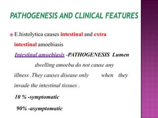 ⦿ E.histolytica causes intestinal and extra
intestinal amoebiasis
Intestinal amoebiasis -PATHOGENESIS Lumen
dwelling amoeba do not cause any
illness .They causes disease only when they
invade the intestinal tissues .
10 % -symptomatic
90% -asymptomatic
 