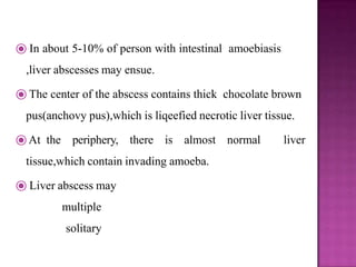 ⦿ In about 5-10% of person with intestinal amoebiasis
,liver abscesses may ensue.
⦿ The center of the abscess contains thick chocolate brown
pus(anchovy pus),which is liqeefied necrotic liver tissue.
⦿At the periphery, there is almost normal liver
tissue,which contain invading amoeba.
⦿ Liver abscess may
multiple
solitary
 