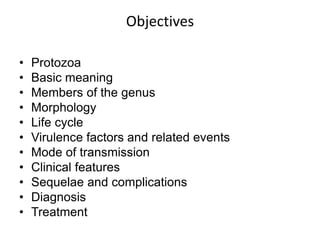 Objectives
• Protozoa
• Basic meaning
• Members of the genus
• Morphology
• Life cycle
• Virulence factors and related events
• Mode of transmission
• Clinical features
• Sequelae and complications
• Diagnosis
• Treatment
 