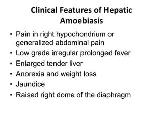 Clinical Features of Hepatic
Amoebiasis
• Pain in right hypochondrium or
generalized abdominal pain
• Low grade irregular prolonged fever
• Enlarged tender liver
• Anorexia and weight loss
• Jaundice
• Raised right dome of the diaphragm
 