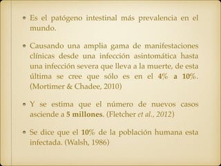 Es el patógeno intestinal más prevalencia en el
mundo.
Causando una amplia gama de manifestaciones
clínicas desde una infección asintomática hasta
una infección severa que lleva a la muerte, de esta
última se cree que sólo es en el 4% a 10%.
(Mortimer & Chadee, 2010)
Y se estima que el número de nuevos casos
asciende a 5 millones. (Fletcher et al., 2012)
Se dice que el 10% de la población humana esta
infectada. (Walsh, 1986)
 