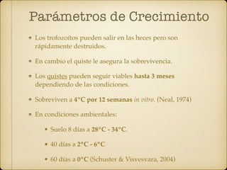 Parámetros de Crecimiento
Los trofozoítos pueden salir en las heces pero son
rápidamente destruidos.
En cambio el quiste le asegura la sobrevivencia.
Los quistes pueden seguir viables hasta 3 meses
dependiendo de las condiciones.
Sobreviven a 4ºC por 12 semanas in vitro. (Neal, 1974)
En condiciones ambientales:
• Suelo 8 días a 28ºC - 34ºC.
• 40 días a 2ºC - 6ºC
• 60 días a 0ºC (Schuster & Visvesvara, 2004)
 