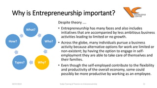 Why is Entrepreneurship important? 
What? 
Who? 
How? 
Types? Why? 
Despite theory …. 
• Entrepreneurship has many faces a...