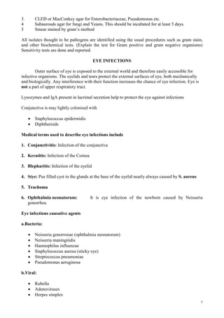 7
3. CLED or MacConkey agar for Enterobacteriaceae, Pseudomonas etc.
4 Sabaurouds agar for fungi and Yeasts. This should be incubated for at least 5 days.
5 Smear stained by gram’s method
All isolates thought to be pathogens are identified using the usual procedures such as gram stain,
and other biochemical tests. (Explain the test for Gram positive and gram negative organisms)
Sensitivity tests are done and reported.
EYE INFECTIONS
Outer surface of eye is exposed to the external world and therefore easily accessible for
infective organisms. The eyelids and tears protect the external surfaces of eye, both mechanically
and biologically. Any interference with their function increases the chance of eye infection. Eye is
not a part of upper respiratory tract.
Lysozymes and IgA present in lacrimal secretion help to protect the eye against infections
Conjunctiva is may lightly colonised with
 Staphylococcus epidermidis
 Diphtheroids
Medical terms used to describe eye infections include
1. Conjunctivitis: Infection of the conjunctiva
2. Keratitis: Infection of the Cornea
3. Blepharitis: Infection of the eyelid
4. Stye: Pus filled cyst in the glands at the base of the eyelid nearly always caused by S. aureus
5. Trachoma
6. Ophthalmia neonatorum: It is eye infection of the newborn caused by Neisseria
gonorrhea.
Eye infections causative agents
a.Bacteria:
 Neisseria gonorroeae (ophthalmia neonatorum)
 Neisseria maningitidis
 Haemophilus influenzae
 Staphylococcus aureus (sticky eye)
 Streptococcus pneumoniae
 Pseudomonas aeruginosa
b.Viral:
 Rubella
 Adenoviruses
 Herpes simplex
 