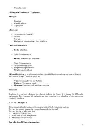 8
 Varicella-zoster
c.Chlamydia Trachomatis (Trachoma):
d.Fungal:
 Fusarium
 Candida albican
 Aspergillus
e.Protozoa:
 Acanthamoeba (keratitis)
 Worms
 Loa loa
 Onchocerca volvulus causes river blind ness
Other infections of eyes:
1. Eyelid infections
 Staphylococcus aureus
2. Orbital and inner eye infections
 Staphylococcus aureus
 Streptococcus pyogenes
 Streptococcus pneumoniae
 Streptococcus viridance
3.Choroidoretinitis: is an inflammation of the choroid (thin pigmented vascular coat of the eye)
and retina of the eye. Causative agents are
 Viral: Cytomegalovirus and Rubella
 Protozoa: Toxopasma gondii
 Helminths:Toxocara canis and Toxocara catis
Trachoma
Trachoma is a serious infectious eye disease endemic in Oman. It is caused by Chlamydia
trachomatis. The symptoms of trachoma are pain, watering eyes, clouding of the cornea and
eventually blindness.
What are Chlamydia ?
These are specialized organisms with characteristics of both viruses and bacteria.
They are like viruses because they cannot live outside the host cell
They are like bacteria because they
1. Have both DNA and RNA,
2. Make some of their own proteins
3. Are sensitive to antibiotics.
Reproduction of Chlamydia organisms
 