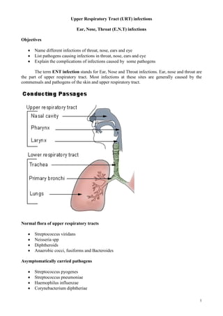 1
Upper Respiratory Tract (URT) infections
Ear, Nose, Throat (E.N.T) infections
Objectives
 Name different infections of throat, nose, ears and eye
 List pathogens causing infections in throat, nose, ears and eye
 Explain the complications of infections caused by some pathogens
The term ENT infection stands for Ear, Nose and Throat infections. Ear, nose and throat are
the part of upper respiratory tract. Most infections at these sites are generally caused by the
commensals and pathogens of the skin and upper respiratory tract.
Normal flora of upper respiratory tracts
 Streptococcus viridans
 Neisseria spp
 Diphtheroids
 Anaerobic cocci, fusiforms and Bacteroides
Asymptomatically carried pathogens
 Streptococcus pyogenes
 Streptococcus pneumoniae
 Haemophilus influenzae
 Corynebacterium diphtheriae
 