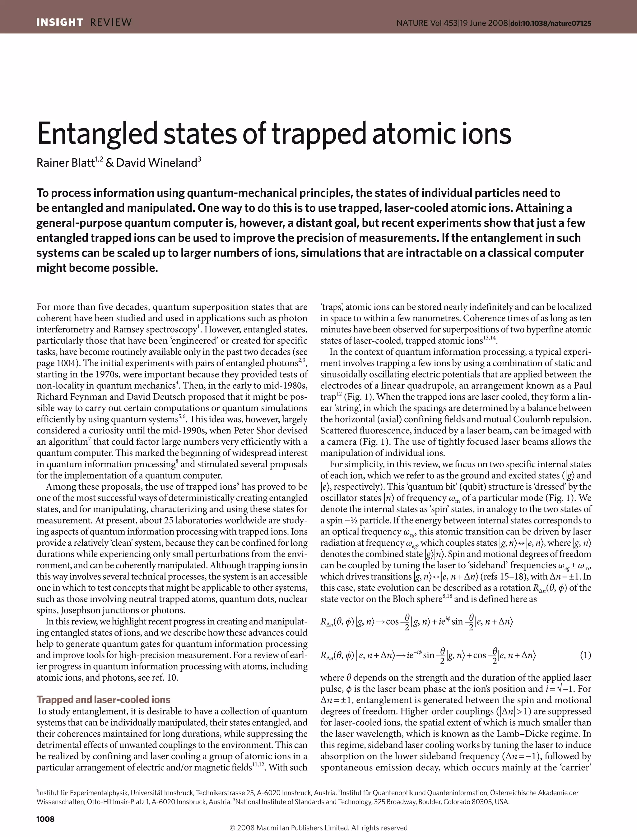 Entangled states of trapped atomic ions | PDF