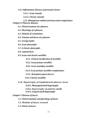 5.11. Inflammatory diseases of paranasal sinuses
5.11.1. Acute sinusitis
5.11.2. Chronic sinusitis
5.12. Rhinogenous orbital and intracranial complications
Chapter 6. Pharynx diseases.
6.1. Clinical anatomy of a pharynx.
6.2. Physiology of a pharynx.
6.3. Methods of examination.
6.4. Traumas and burns of a pharynx
6.5. Foreign bodies
6.6. Acute pharyngitis
6.7. A chronic pharyngitis
6.8. Leptotrichosis
6.9. Acute and chronic tonsillitis
6.9.1. Clinical classification of tonsillitis
6.9.2. Acute primary tonsillitis
6.9.3. Acute sesondary tonsillitis
6.9.4. Acute primary tonsillitis complications
6.9.5. Retropharyngeal abscess
6.9.6. Chronic tonsillitis
6.10. Hypertrophy of lymphadenoid pharynx tissue
6.10.1. Pharyngeal tonsil hypertrophy
6.10.2. Hypertrophy of palatine tonsils
6.10.3. Lingual tonsil hypertrophy
Chapter 7.Diseases of larynx
7.1. Clinical anatomy and physiology of larynx
7.2. Methods of larynx research
7.3. Edema of larynx
217
 