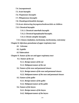 7.4. Laryngostenosis
7.5. Acute laryngitis
7.6. Flegmonaes laryngitis
7.7. Phlegmonous laryngitis
7.8. Chondroperichondritis larynges
7.9.Acute obstructing laryngotracheobronchitis at children
7.11. Chronical laryngitis
7.11.1. Chronical catarrhalis laryngitis
7.11.2. Chronical hyperplastykal laryngitis.
7.11.3. Chronic atrophic laryngitis.
7.12. A larynx intubation, tracheotomy, tracheostomy, conicotomy
Chapter 8. Infectious granulomae of upper respiratory tract
8.1 Scleroma
8.2. Syphilis
8.3 Tuberculosis
Chapter 9. Tumors of the ear and upper respiratory tract
9.1. Tumors of the ear
9.1.1. Benign tumors of the ear
9.1.2. Malignant tumors of the ear
9.2. Tumors of the nose and paranasal sinuses
9.2.1. Benign tumors of the nose and paranasal sinuses
9.2.2. Malignant tumors of the nose and paranasal sinuses
9.3. Tumors of the gullet
9.3.1. Benign tumors of the gullet
9.3.2. Malignant tumors of the gullet
9.4. Tumors of the larynx
9.4.1. Benign tumors of the larynx
9.4.2. Malignant tumors of the larynx
218
 
