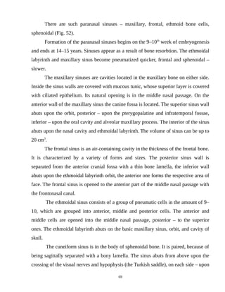 There are such paranasal sinuses – maxillary, frontal, ethmoid bone cells,
sphenoidal (Fig. 52).
Formation of the paranasal sinuses begins on the 9–10th
week of embryogenesis
and ends at 14–15 years. Sinuses appear as a result of bone resorbtion. The ethmoidal
labyrinth and maxillary sinus become pneumatized quicker, frontal and sphenoidal –
slower.
The maxillary sinuses are cavities located in the maxillary bone on either side.
Inside the sinus walls are covered with mucous tunic, whose superior layer is covered
with ciliated epithelium. Its natural opening is in the middle nasal passage. On the
anterior wall of the maxillary sinus the canine fossa is located. The superior sinus wall
abuts upon the orbit, posterior – upon the pterygopalatine and infratemporal fossae,
inferior – upon the oral cavity and alveolar maxillary process. The interior of the sinus
abuts upon the nasal cavity and ethmoidal labyrinth. The volume of sinus can be up to
20 cm3
.
The frontal sinus is an air-containing cavity in the thickness of the frontal bone.
It is characterized by a variety of forms and sizes. The posterior sinus wall is
separated from the anterior cranial fossa with a thin bone lamella, the inferior wall
abuts upon the ethmoidal labyrinth orbit, the anterior one forms the respective area of
face. The frontal sinus is opened to the anterior part of the middle nasal passage with
the frontonasal canal.
The ethmoidal sinus consists of a group of pneumatic cells in the amount of 9–
10, which are grouped into anterior, middle and posterior cells. The anterior and
middle cells are opened into the middle nasal passage, posterior – to the superior
ones. The ethmoidal labyrinth abuts on the basic maxillary sinus, orbit, and cavity of
skull.
The cuneiform sinus is in the body of sphenoidal bone. It is paired, because of
being sagittally separated with a bony lamella. The sinus abuts from above upon the
crossing of the visual nerves and hypophysis (the Turkish saddle), on each side – upon
69
 