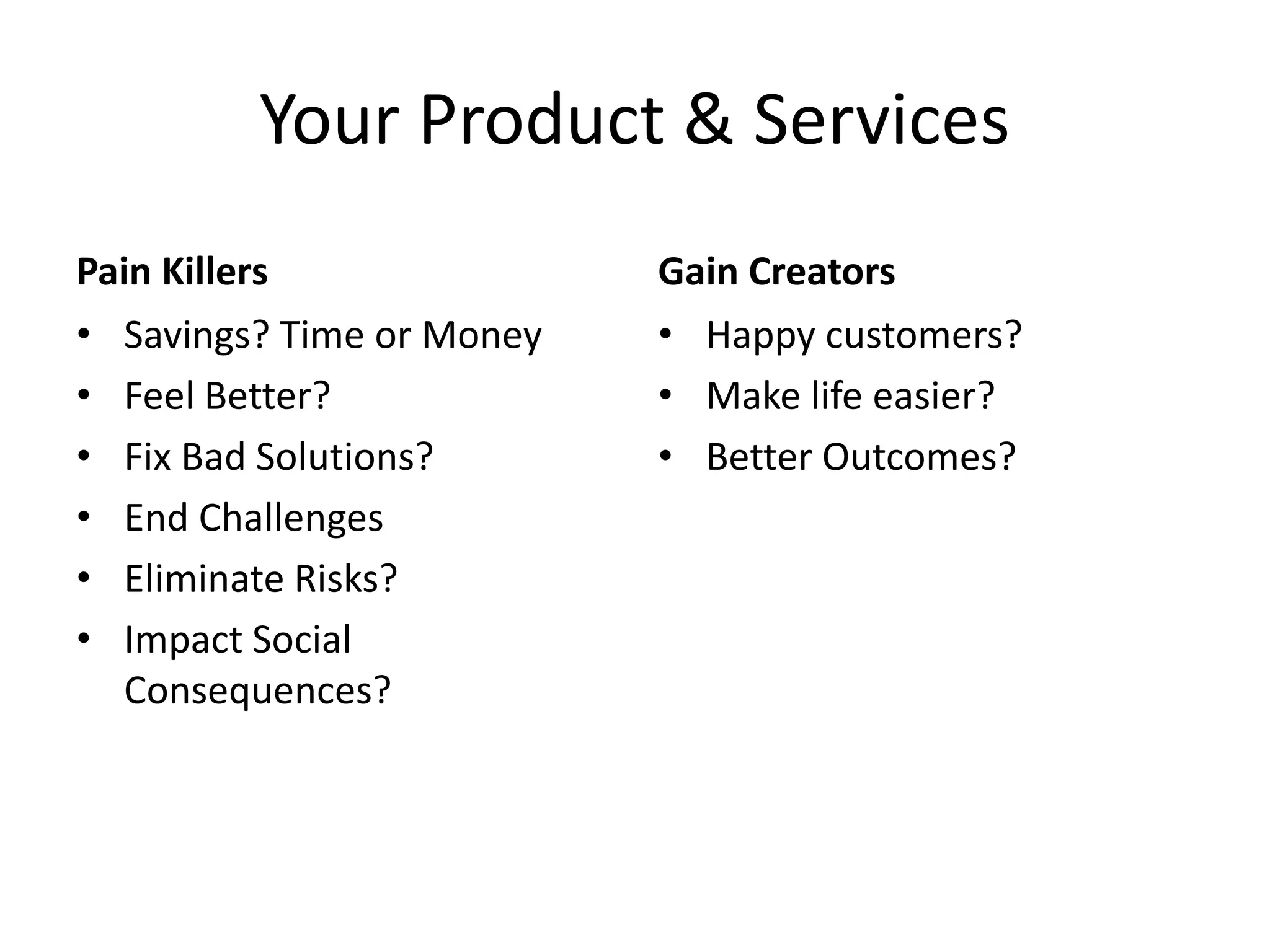 Your Product & Services
Pain Killers
• Savings? Time or Money
• Feel Better?
• Fix Bad Solutions?
• End Challenges
• Eliminate Risks?
• Impact Social
Consequences?
Gain Creators
• Happy customers?
• Make life easier?
• Better Outcomes?
 