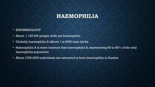 HAEMOPHILIA
• EPIDERMIOLOGY
• About 1 125 000 people wide are haemophilic
• Globally haemophilia A affects 1 in 5000 male births
• Haemophilia A is more common than haemophilia B, representing 80 to 85% of the total
haemophilia population
• About 1700-2000 individuals are estimated to have haemophilia in Zambia
 