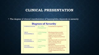 CLINICAL PRESENTATION
• The degree of clinical manifestation of haemophilia depends on severity
 