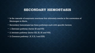 SECONDARY HEMOSTASIS
• Is the cascade of enzymatic reactions that ultimately results in the conversion of
fibrinogen to fibrin.
• Secondary hemostasis has three pathways each with specific factors;
• 1. Extrinsic pathway (factor III and VII)
• 2. Intrinsic pathway (factor XII, XI, IX and VIII)
• 3. Common pathway ( X,V, II, I and XIII)
 